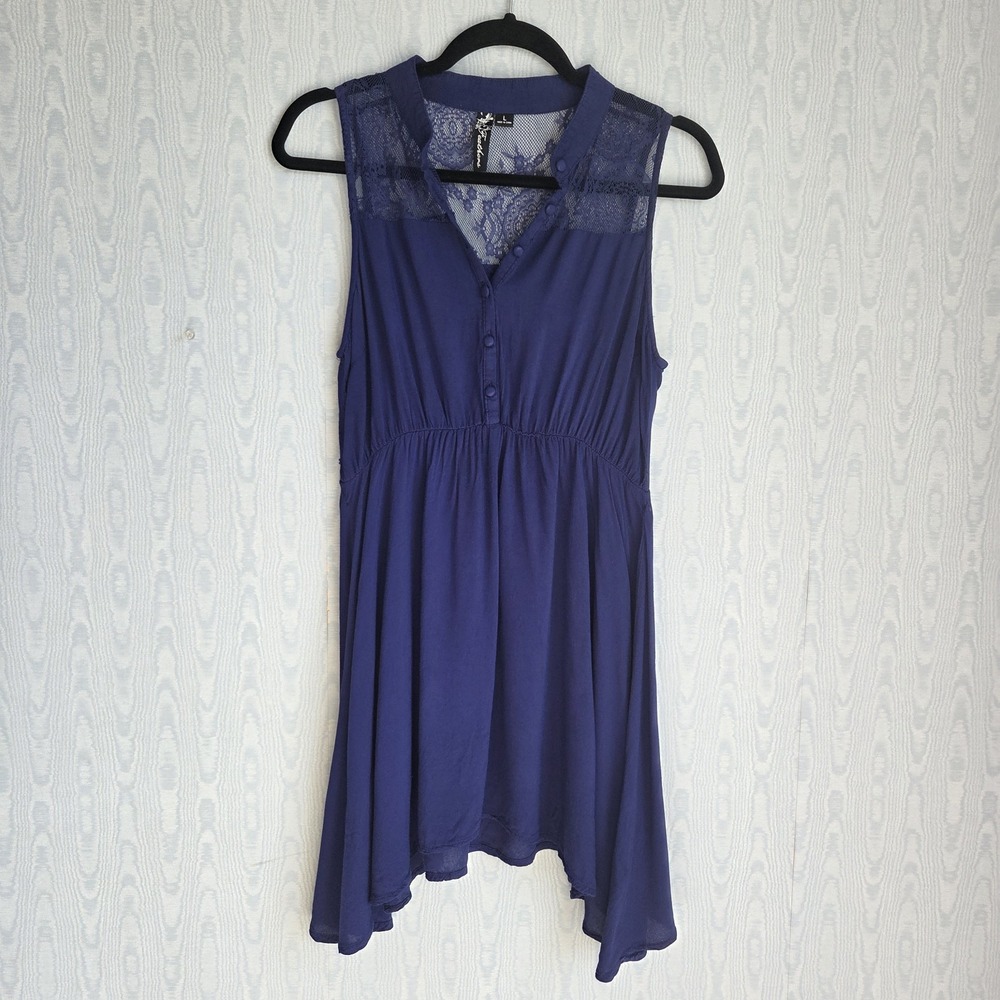 Feathers Mini Dress Large Tunic Button Down Lace Sharkbite Hem Blue Boho Fairy‎